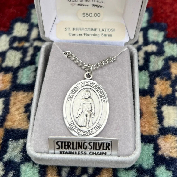St. Peregrine Sterling Silver Oval Religious Medal Necklace 20” Curb Chain - Picture 2 of 3